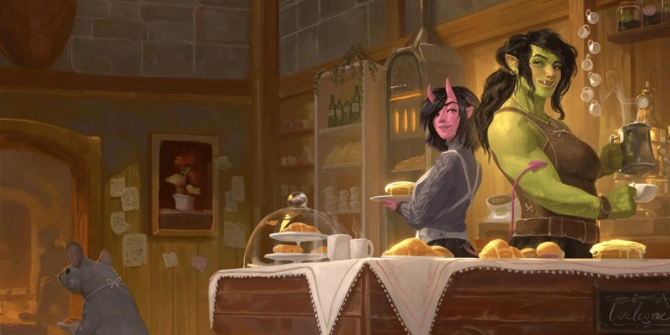 An orc and a succubus serve coffee in a cosy coffee shop.