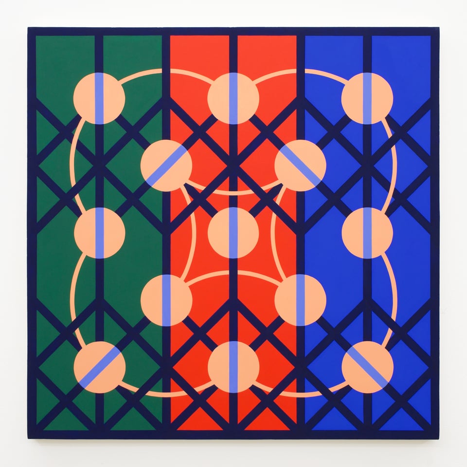 square painting with green, red and blue vertical sections overlaid by navy grate pattern and light orange circles linked by thin lines