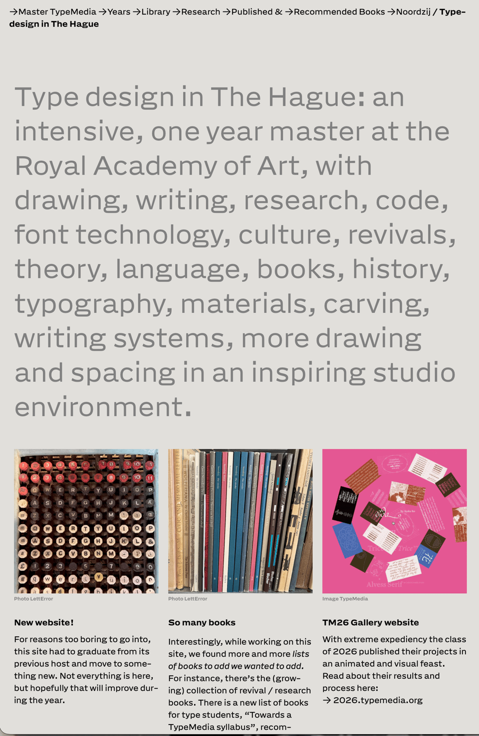 Screenshot of typemedia.org. Light gray background. Three columns, square images, nice microtypography.