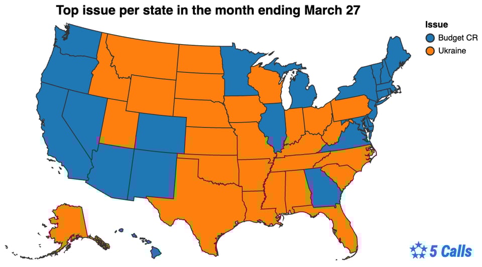 A map of the United States showing the top called issue in each state