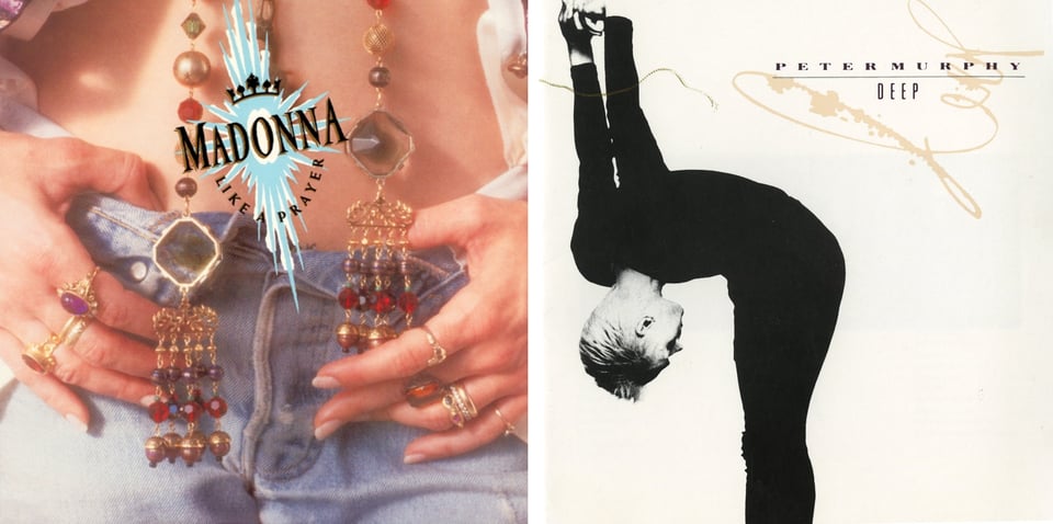 First pic: A close up of Madonna's exposed belly and crotch of her jeans. The top buttons of the jeans are unbuttoned. Madonna's hands are on top of her jeans, her thumbs tucked inside. Two long pieces of jewelry hang (presumably) from her neck, strings with various gems and baubles and rings on them. They probably have Catholic significance but I do not know what. If you want to see Madonna's face, cf. Ciccone Youth, THE WHITEY ALBUM. Second pic: A black and white photo of Peter Murphy, a white man with short blond hair in a black leotard, bending at the waist until his head is upside down and facing his crotch. His arms are extended straight up behind him, hands clasped, on the same vertical plane as his head. This is on a blank white background.