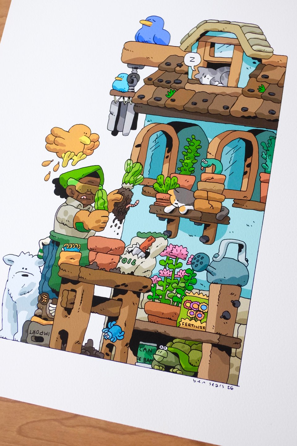 illustration of a woman repotting a cactus next to a stucco shed. She's surrounded by various animals.