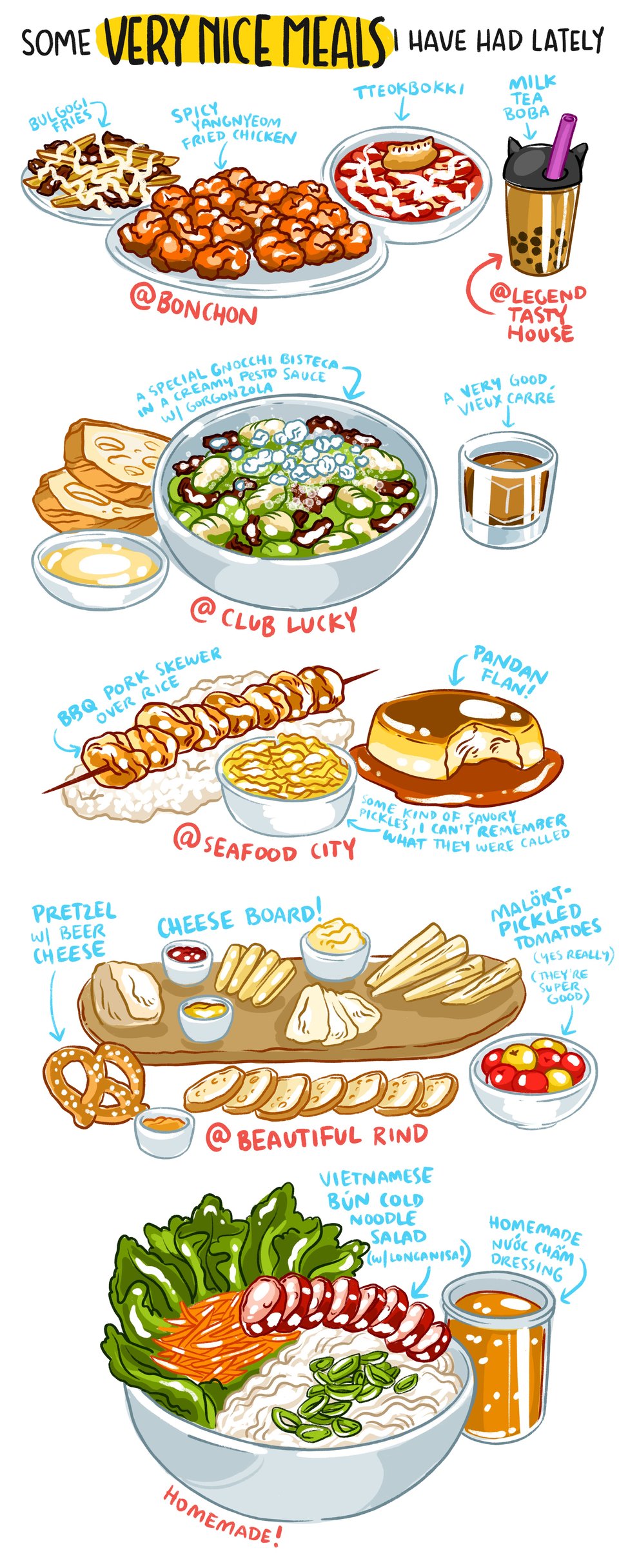 Some very nice meals I have had lately: bulgogi fries, fried chicken and tteokbokki at Bonchon; milk tea boba from Legend Tasty House; Gnocchi bisteca at Club Lucky; BBQ pork and pandan flan at Seafood City; Cheese board, pretzel and malort-pickled tomatoes at Beautiful Rind; homemade Vietnamese cold noodle salad with longanisa