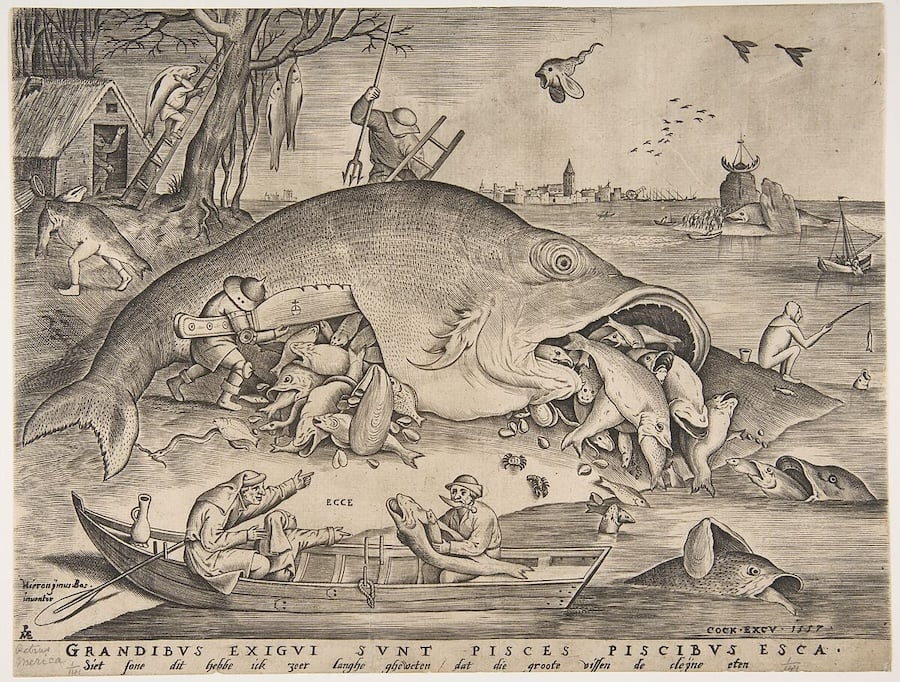 An etching of some guys cutting up a giant fish and smaller fish are coming out of it's cut open belly and mouth and those smaller fish have fish coming out of their mouth etc