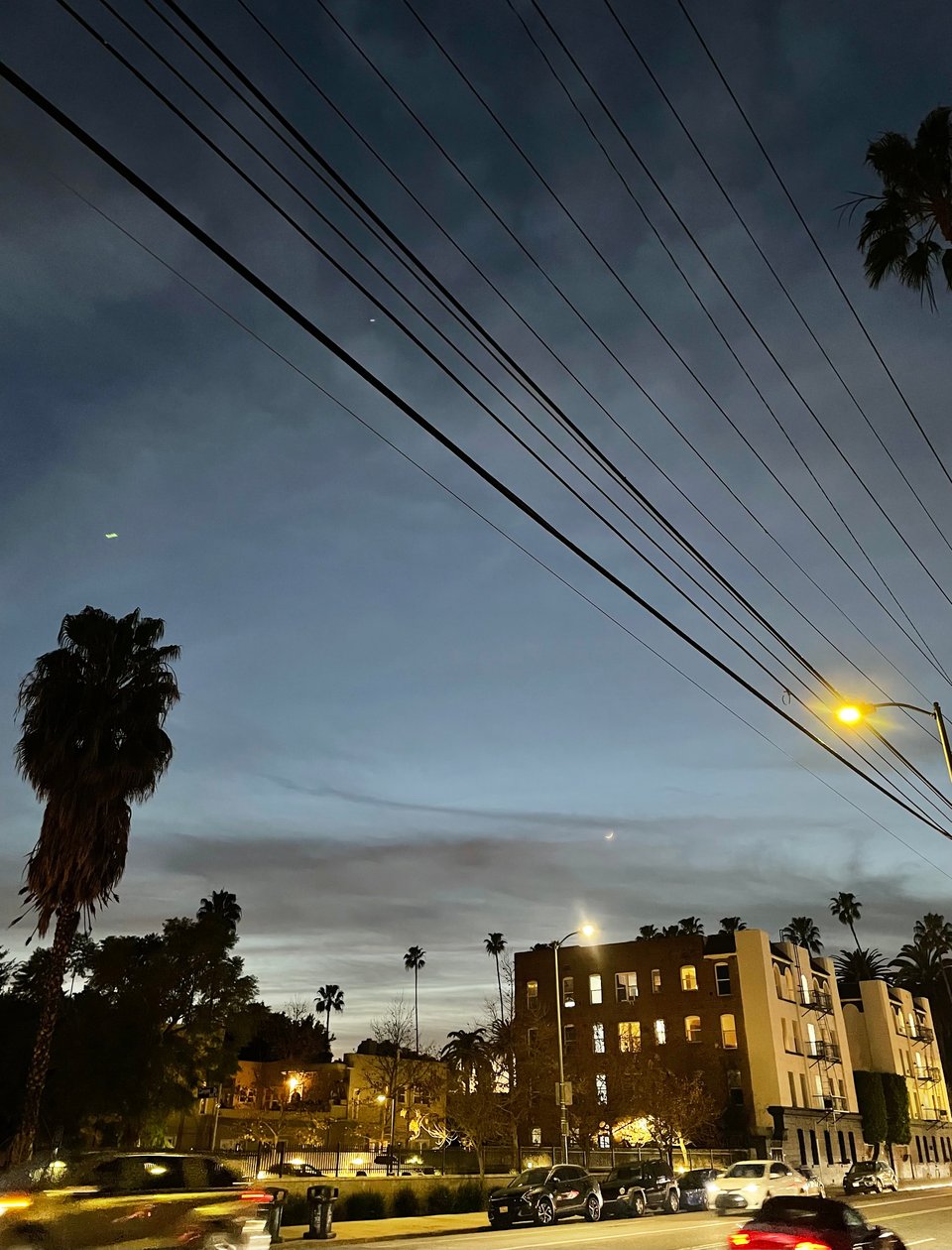 A street in Hollywood. An apartment building and palm trees against a dark blue sky with cables zipping through the air