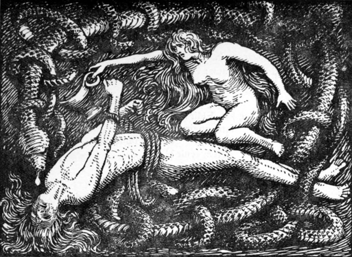 Vintage illustration of Loki bound and Sigyn struggling to capture an enormous, writhing serpent's venom in a pitcher.