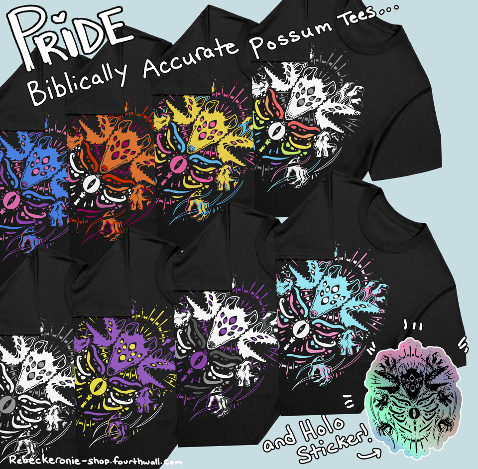 The Biblically accurate possum design in pride flag colors, plus a holo sticker