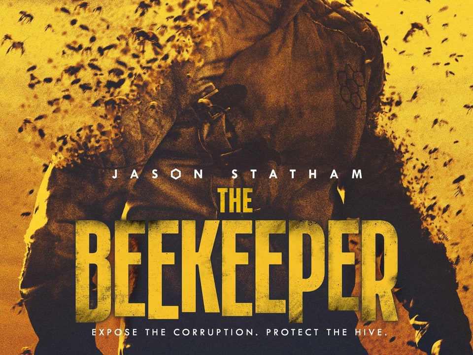 The poster features Statham on a yellow background. His body is made of bees.