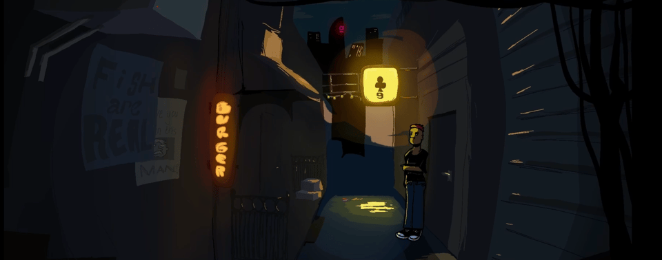 Still from the video. Zoe in an alley