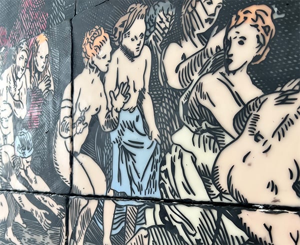 white ladies standing around waiting to kiss Satan's ass (detail of a painting)
