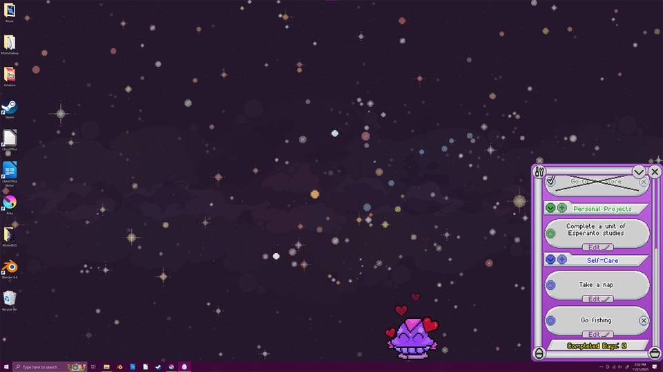 A screenshot of a computer desktop with 10 icons on the left side and a starry background. There is a little purple pixel art character in the middle of the screen who is shaped kind of like a UFO and has hearts around their head. On the right is a small list of tasks including Personal Projects and Self-Care.
