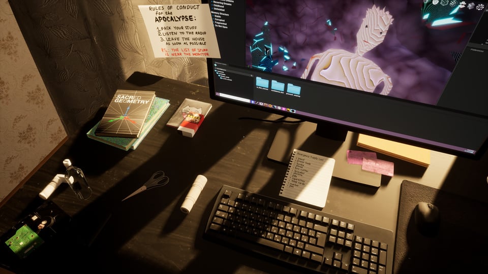 A view of a desk with assorted items on it next to a keyboard and computer screen. Sunlights filters in from the back.