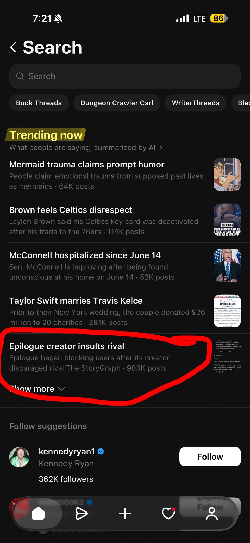 Screenshot of the Threads search page showing trending topics. One highlighted topic reads, "Epilogue creator insults rival," with the summary: "Epilogue began blocking users after its creator disparaged rival The StoryGraph." The topic is circled in red and has a "903K posts" label.
