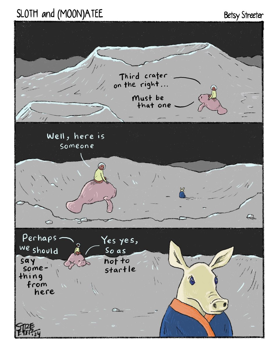 Sloth and Manatee comic in which they arrive at the third crater on the right