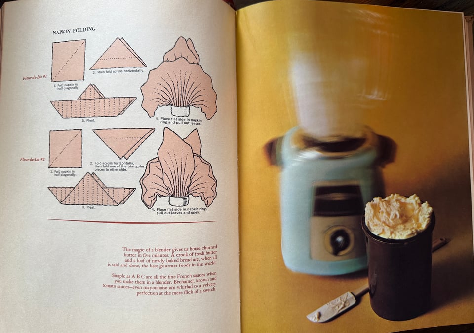 Two-page spread from the book A Treasury of Great Recipes by Mary and Vincent Price with a guide to fancy napkin folding next to a blurry photo of an aqua-colored blender and brown ceramic container of creamed dressing or butter with spatula