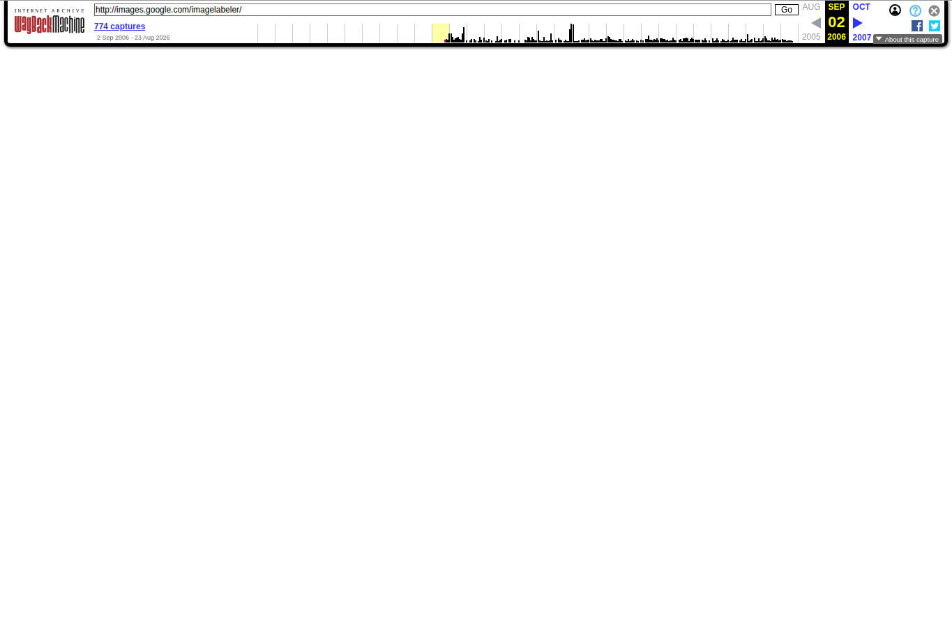 The archived Google Image Labeler landing page, captured September 2, 2006, still calls the game a fun way to help organize images on the web.