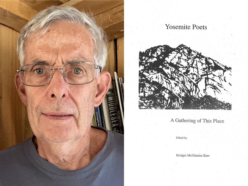 On the left, a headshot photo of Mike Cole, who's wearing glasses, with books and a wood paneled background. On the right, the Yosemite Poets anthology book cover, with a wood cut of the mountains.