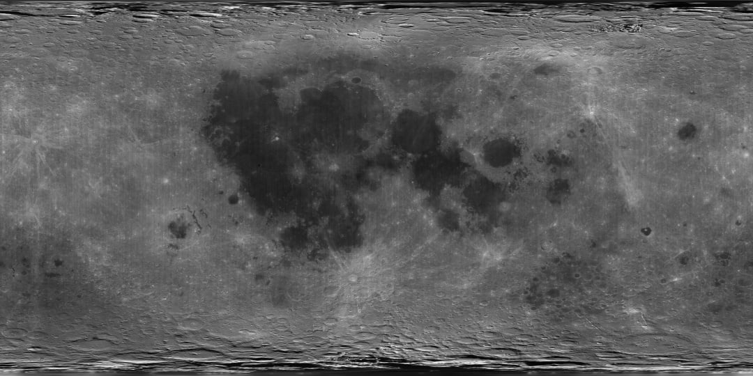 A global albedo map of the Moon from the Clementine mission. The dark regions are the lunar maria; the lighter regions are the highlands. From Wikipedia.