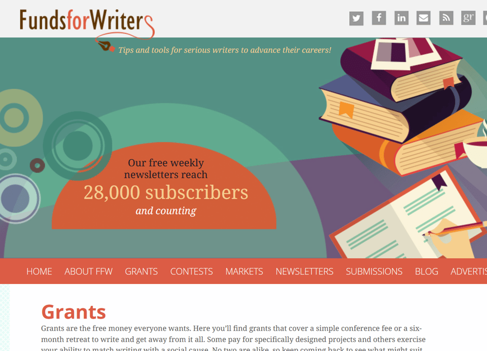 A screenshot of the Funds for Writers website, proudly claiming their newsletters reach over 28,000 subscribers.