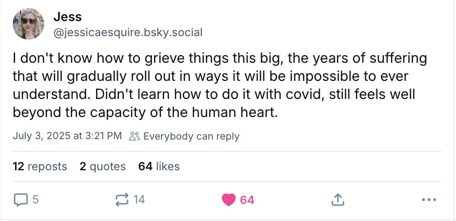 Post on Bluesky from user @jessicaesquire. It reads "I don't know how to grieve things this big, the years of suffering that will gradually roll out in ways it will be impossible to ever understand. Didn't learn how to do it with covid, still feels well beyond the capacity of the human heart.."