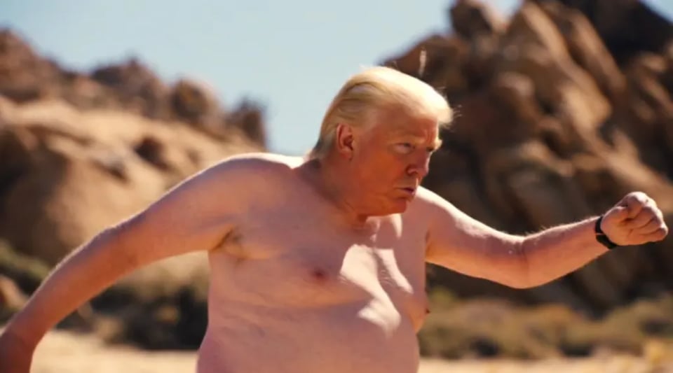 Trump wandering in the desert, gradually stripping off his clothes to reveal his naked, obese body in ‘South Park’