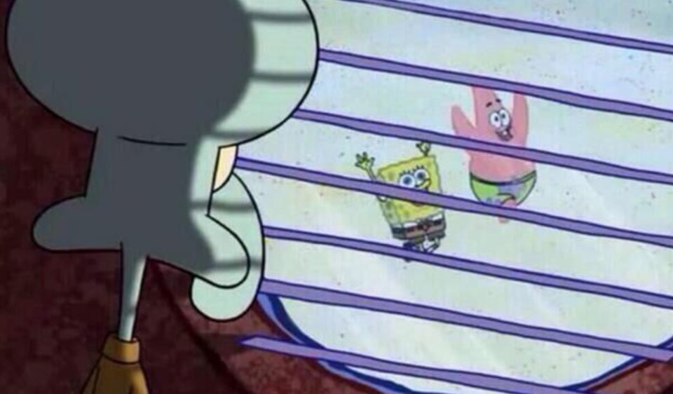 Squidward looking at SpongeBob and Patrick playing outside