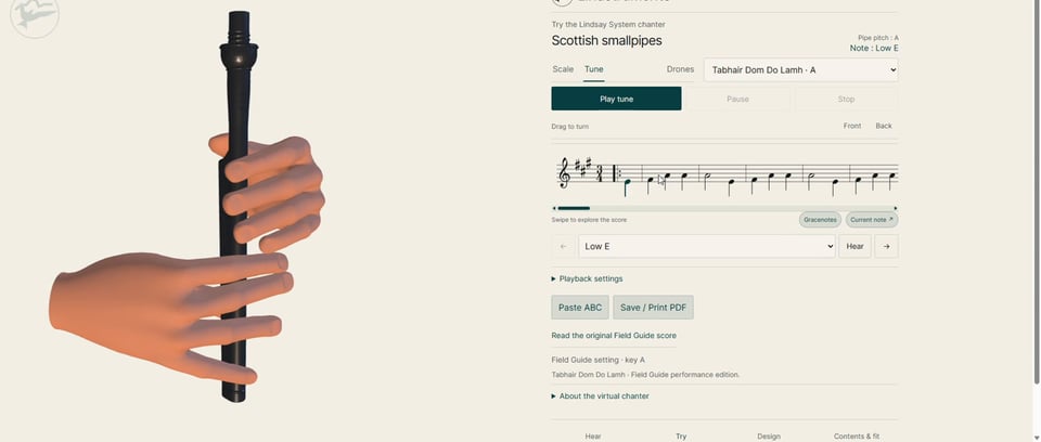 The Virtual Lindsay System Chanter, with animated hands and a moving score