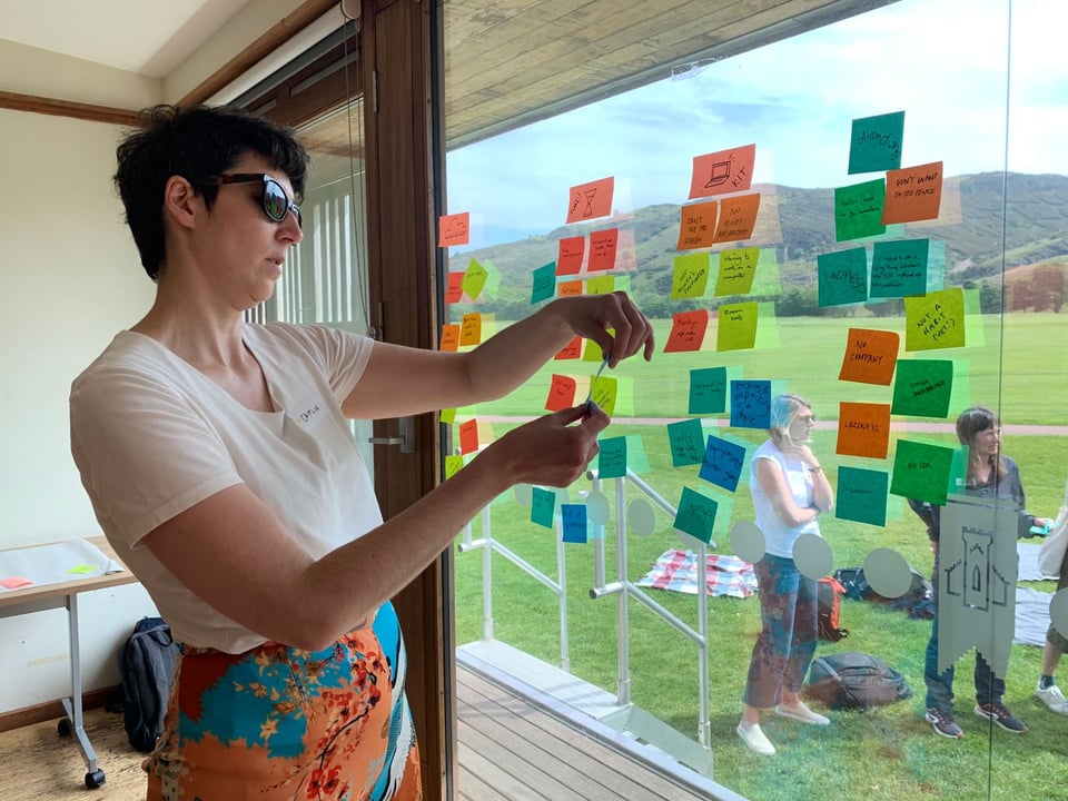 A photo of Caitlin wearing sunglasses in front of a glass window covered in sticky notes being grouped into categories, with the mighty Arthur's Seat behind.