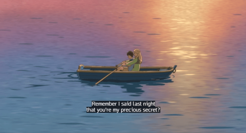 A wide shot of Anna and Marnie in the rowboat. Marnie is saying,