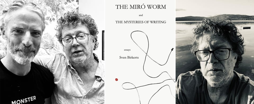 3 photos: left, b/w pic selfie of 2 white men; center, the cover of the book The Miró Worm and the Mysteries of Writing; right, a b/w selfie of one of the men in the first pic