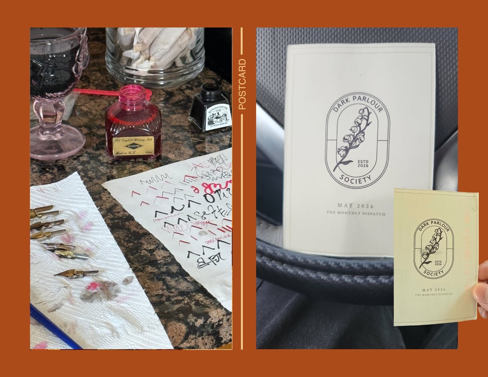 Calligraphy supplies and Dark Parlour Society postcards