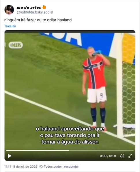 Post de 𝙢𝙪 𝙙𝙚 𝙖𝙧𝙞𝙚𝙨 🍊 (‪@vsfdidda.bsky.social‬): ninguém irá fazer eu te odiar haaland (vídeo do Halland aproveitando a confusão no fim do jogo para beber a água do goleiro brasileiro Allison)