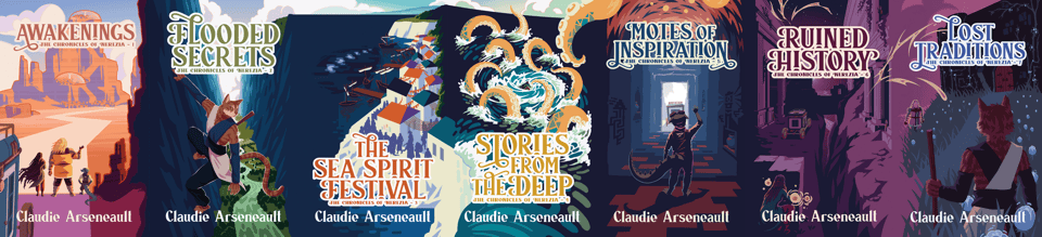 A spread of seven cover images that form one continuous canvas. The scenery goes from a red-sand desert (Awakenings) to a lush river valley (Flooded Secret), to a sea-side city (The Sea Spirit Festival), to a whirlpool in the water surrounded by a golden kraken (Stories from the Deep), to a beautifully carved stone corridor with etchings on the wall (Motes of Inspiration), to ruins of stone bathed in deep pink moonlight (Ruined History), and finally to a grey marsh with an abandoned monastery covered in blue flowers (Lost Traditions).