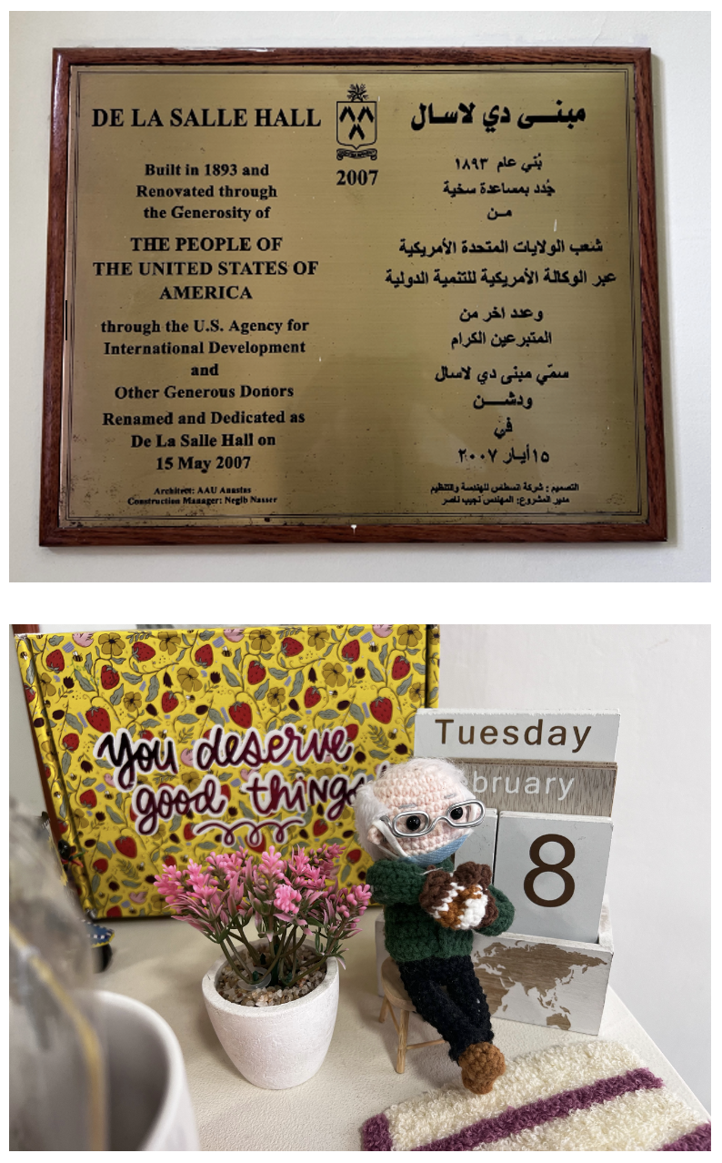 A plaque; a collection of small items atop a filing cabinet