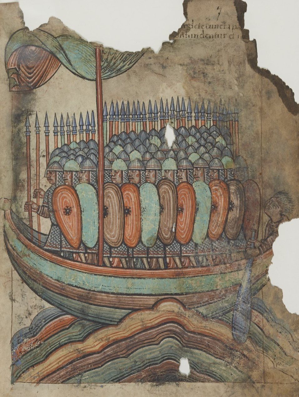 A medieval illustration of a crowd of men holding shields and spears, standing in rows in a boat