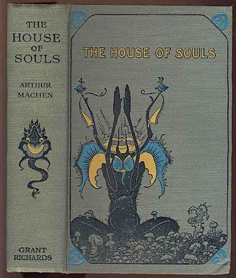 A weird tree, insect creatures look like it prays to the stars, surrounded by shrooms. A book cover for Arthur Machen's The House of Souls.