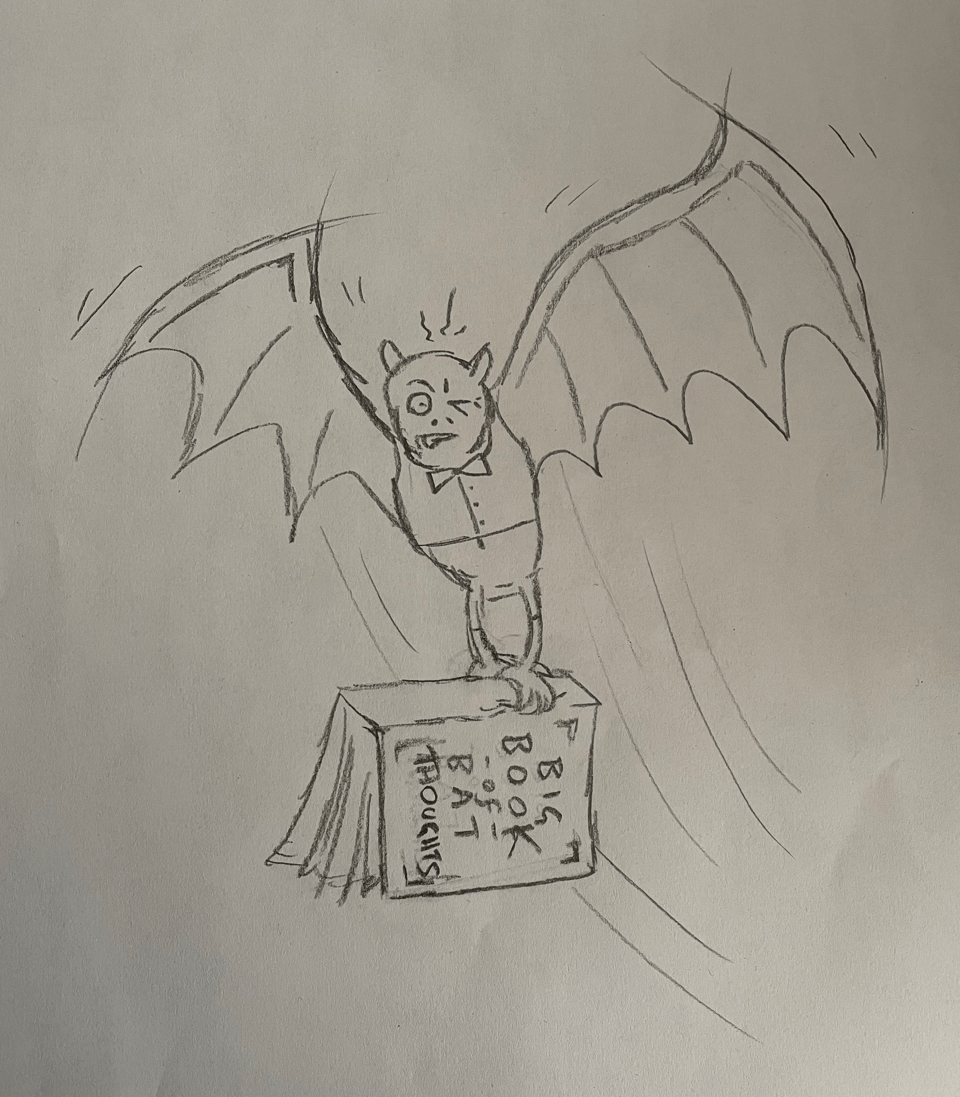 A cartoon bat tries to fly while carrying a Big Book of Bat Thoughts