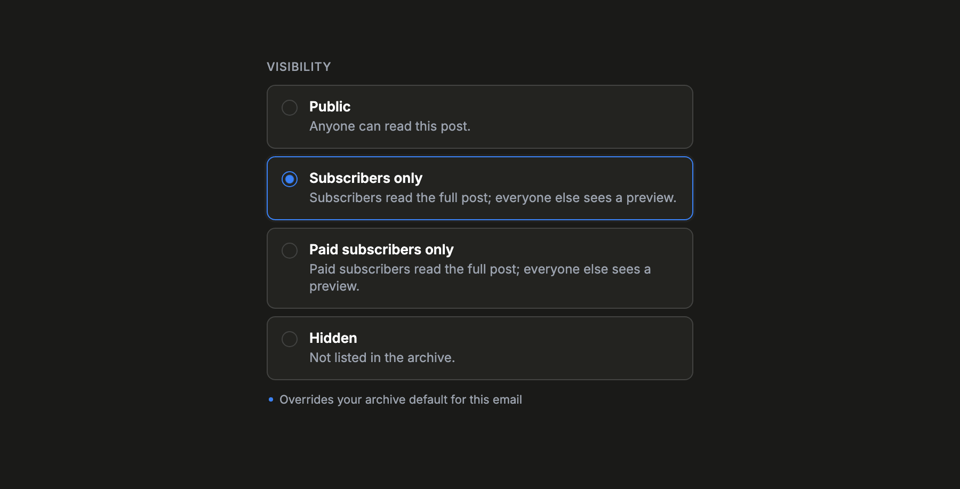 A screenshot of the email visibility options, showing options for an email to be in your public archives, hidden completely, or in subscriber-only or paid-subscriber-only archives.
