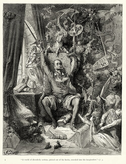 A black and white drawing of a seated man reading a book, surrounded by fantastical figures