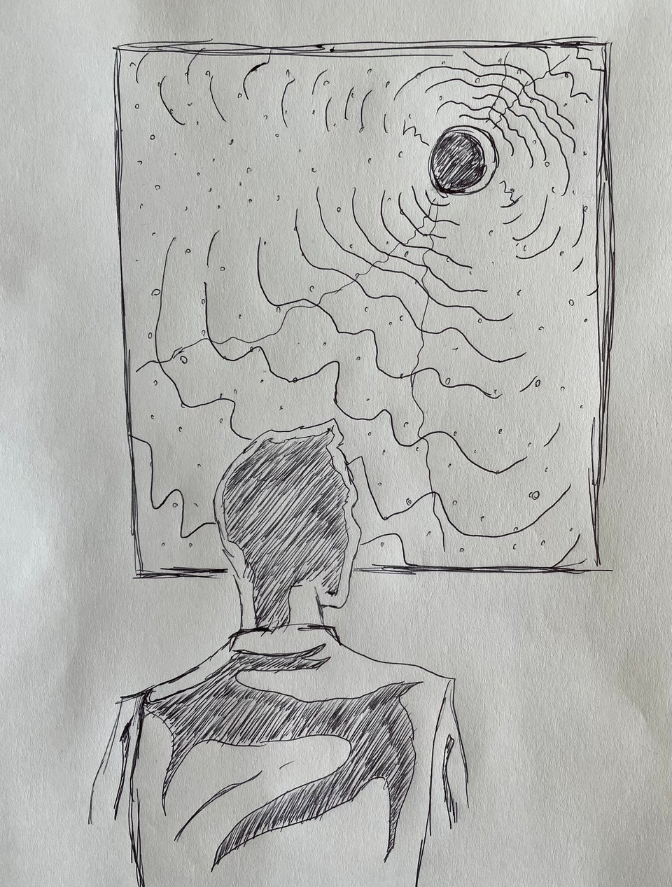 A rough sketch of a person staring through a window at space. Waves of sound emanate from a planet