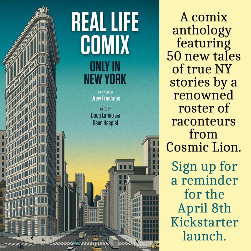 promo image showing a drawing of the Flatiron building, for a comics anthology called REAL LIFE COMIX: ONLY IN NEW YORK