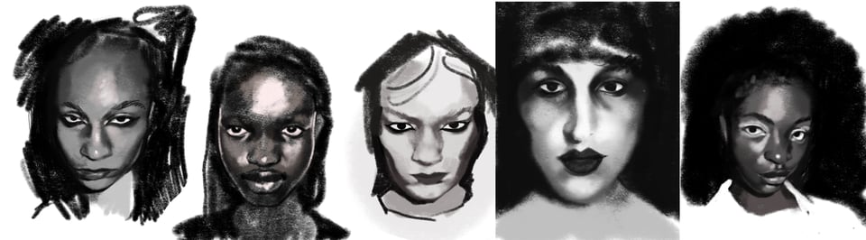 5 black and white digitally painted portraits lined up in a row. The angle of the portrait gives each face a slight distortion, like a fish-eye lens. 