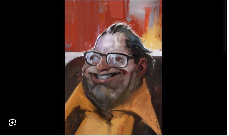 Evrart claire's character profile. a man in tellow suit with a sick smile and bulging eyes, glasses and a yellow shirt.