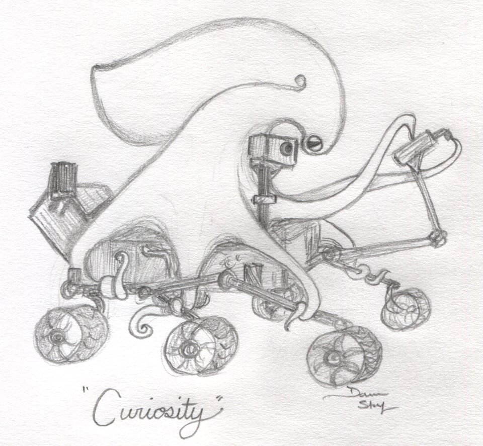 Pencil drawing of an octopus atop the Curiosity Mars rover. The octopus is craning its head around to peer directly into the rover's camera, and its arms are entangled with the rover's appendages.