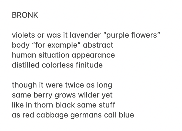 BRONK

violets or was it lavender “purple flowers”
body “for example” abstract
human situation appearance
distilled colorless finitude

though it were twice as long 
same berry grows wilder yet
like in thorn black same stuff 
as red cabbage germans call blue