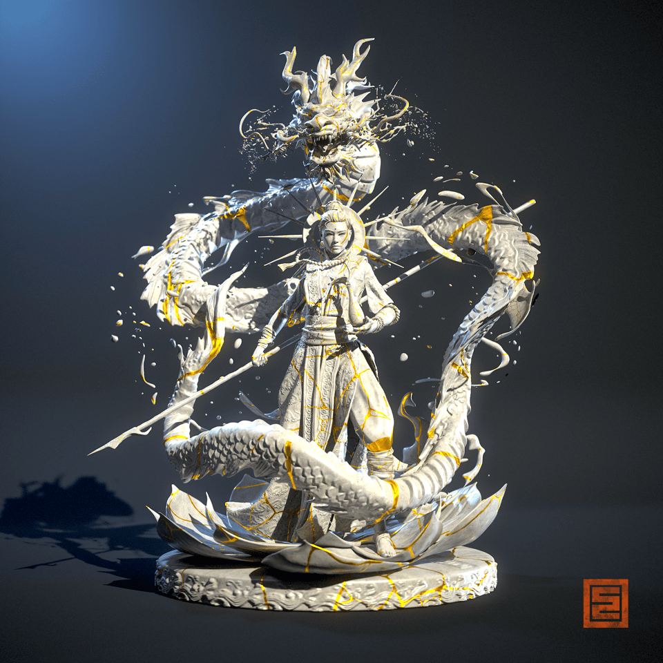 My art piece depicting the goddess Kwanon, specifically in her form as a woman holding a spear from her right hand with a perfume vase in her left hand, and a dragon floating in the air encircling her, as she stands on a lotus flower seat. The piece is a digital 3D model.