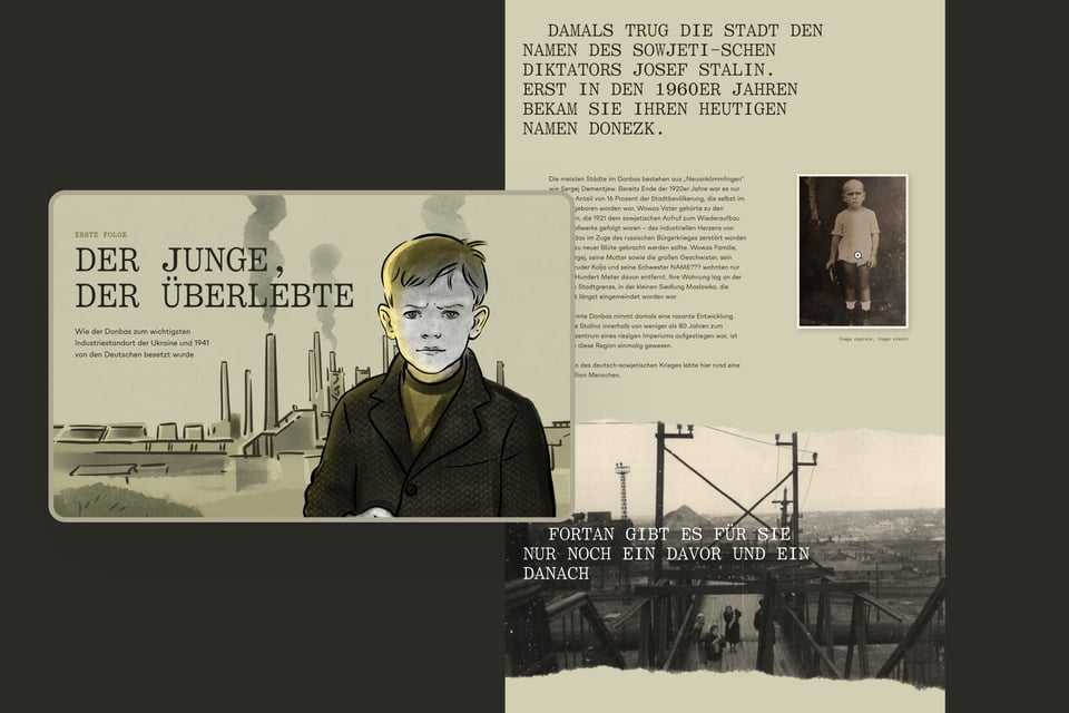 A collage introducing the first story about a boy from the city of Donetsk, with rich illustrations, showing the header of the page and a snippet from the story. The headline reads “Der Junge, der überlebte” (translates to “the boy who survived”)