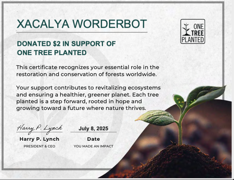 Certificate showing donation to One Tree Planted non-profit organization.