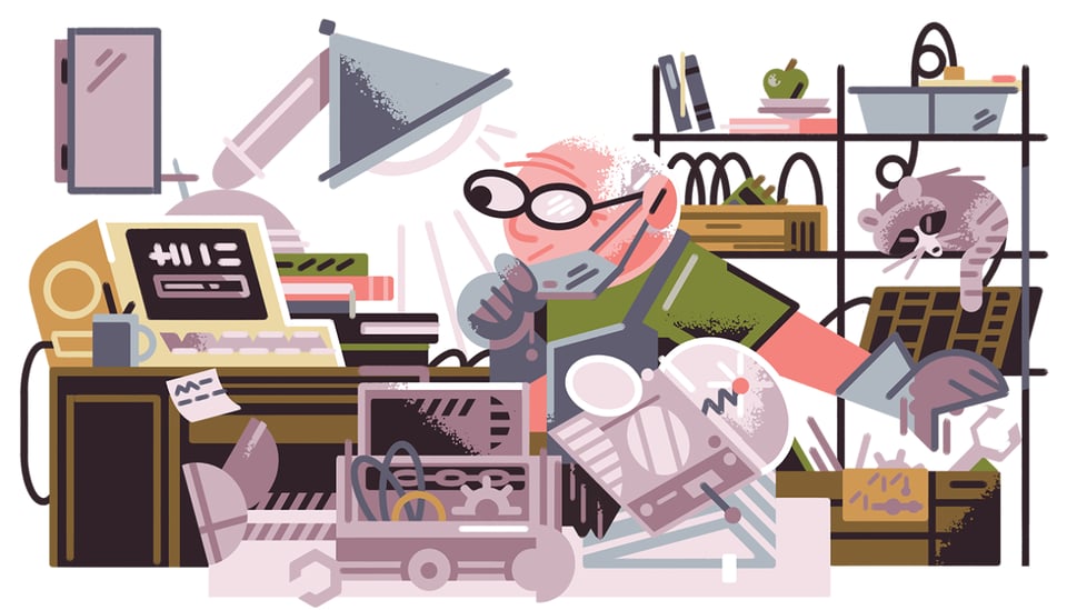 Illustrartion by Shafer Brown that shows a version of Glenn at a workbench with spare parts and disabled electronics all around, including a sick robot, with a raccoon asleep on a shelf at the right.