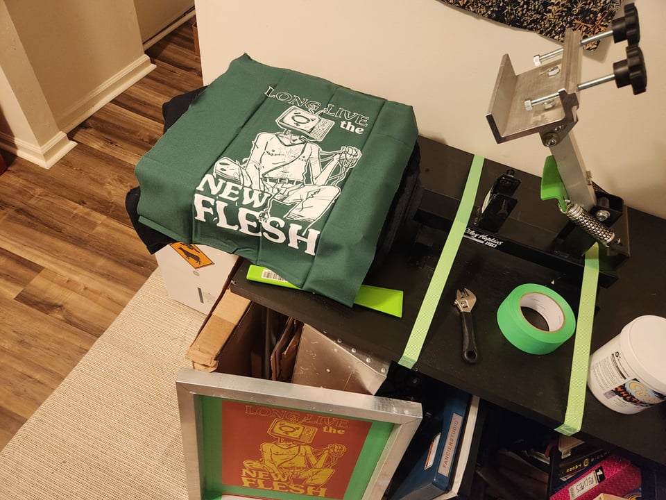 A test patch sitting on the screenprinting press.